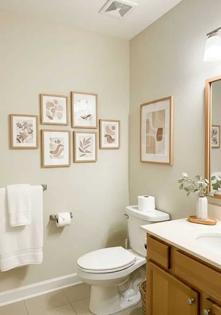 Minimal apartment bathroom with soft neutral gallery wall above toilet area, thin oak wood frames, beige abstract artwork, creamy white walls, small floating shelf with candle and folded towels, natural daylight coming through frosted window, cozy feminine styling, clean modern apartment decor, matte textures, warm neutral palette, subtle shadows, airy atmosphere, small bathroom with calm relaxing mood, Scandinavian inspired decor, realistic interior photography style, uncluttered minimal setup, soft linen textures, elegant and cozy wall styling

