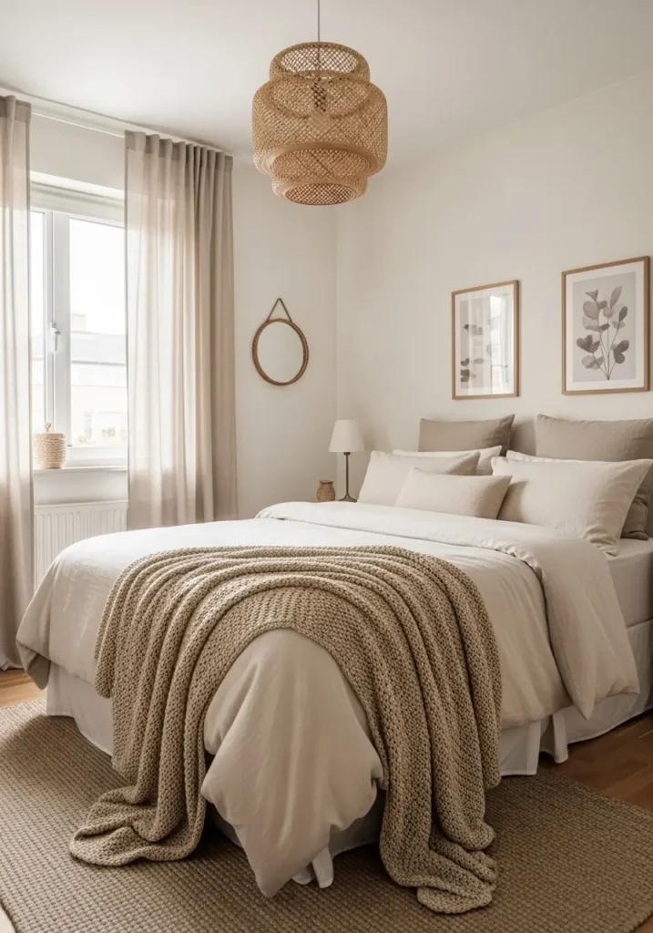Small post grad apartment bedroom with soft neutral bedding, cream knit blanket, warm beige walls, light oak nightstand, tiny framed art, layered pillows, linen curtains, cozy morning sunlight through window, minimal decor styling, clean feminine apartment aesthetic, warm lamp glow, small woven rug, simple modern furniture, tidy but lived in feeling, calm cozy mood, airy apartment bedroom with natural textures and soft shadows

