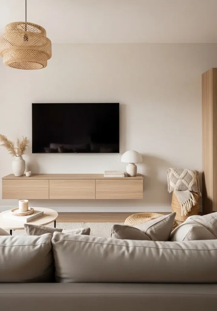 Soft neutral apartment living room with minimalist TV wall, creamy textured paint finish, floating beige console, linen sofa, warm oak accents, layered neutral pillows, cozy modern apartment decor, natural sunlight, woven textures, calming feminine interior design, realistic apartment living room photography, clean modern layout, subtle decor styling, peaceful cozy atmosphere, light beige rug, modern minimalist apartment aesthetic

