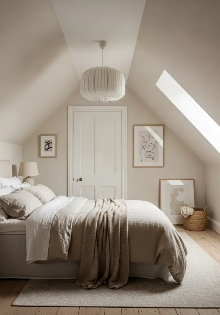 Clean minimal attic bedroom in a small apartment with soft cream walls, low wooden bed under a sloped ceiling, white linen bedding, beige knit throw, round jute rug, tiny bedside table, warm lamp glow, simple wall art, natural light through a small roof window, calm feminine styling, cozy and airy mood.