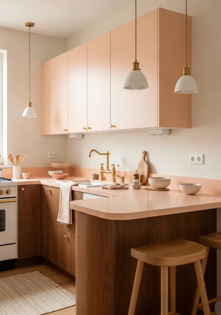 Retro mid century modern apartment kitchen with soft peach cabinet accents, walnut wood textures, cream walls, brass fixtures, curved wooden stools, warm natural sunlight, minimal decor styling, compact apartment kitchen layout, vintage inspired lighting, ceramic dishes, soft feminine atmosphere, realistic interior photography, calm earthy tones, uncluttered counters, cozy retro kitchen aesthetic with airy apartment styling
