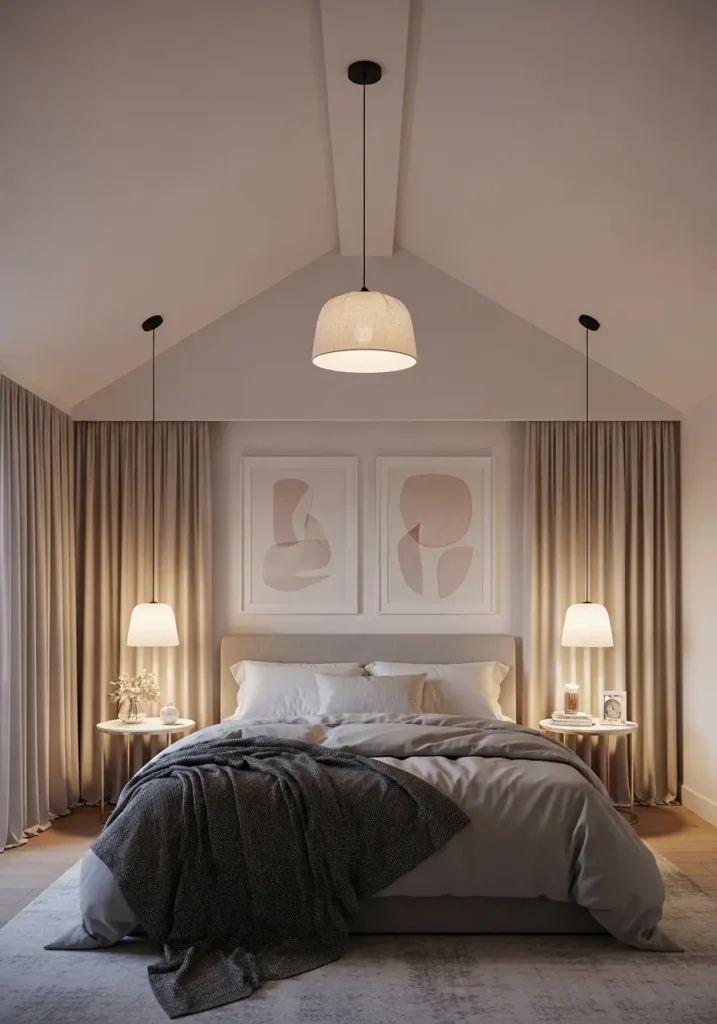 Minimal vaulted ceiling bedroom in a small modern home with one soft fabric pendant light, creamy white angled ceiling, beige upholstered bed, linen bedding, light wood floor, small round side tables, warm lamp glow, neutral curtains, calm feminine decor, clean airy realistic interior style.