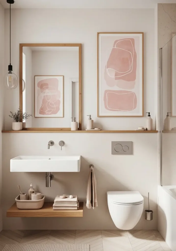 Apartment bathroom with soft pink abstract artwork in thin oak frames, creamy white walls, blush and beige color palette, minimal feminine styling, warm wooden accents, cozy apartment bathroom atmosphere, Scandinavian inspired decor, natural daylight, clean uncluttered interior, realistic interior photography, subtle shadows, calm relaxing mood, elegant modern wall decor with airy balanced styling

