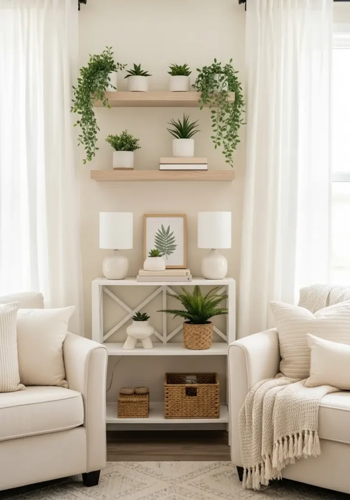 Clean college apartment living room with soft plant shelf styling, small indoor plants on light wooden shelves, cream couch, neutral pillows, beige rug, white curtains, feminine minimal decor, warm sunlight, airy student apartment mood, realistic interior photography, cozy natural atmosphere, calm organized layout

