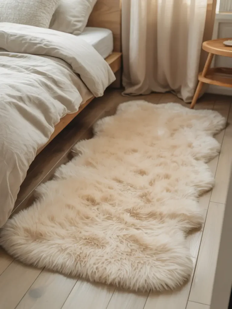 Cozy small apartment bedroom with plush cream rug beside bed, layered neutral bedding, warm morning light, soft feminine decor, clean modern apartment styling, tiny wooden furniture, airy bedroom layout, woven textures, delicate curtains, peaceful cozy atmosphere, calm neutral color palette with realistic soft shadows and warm lighting

