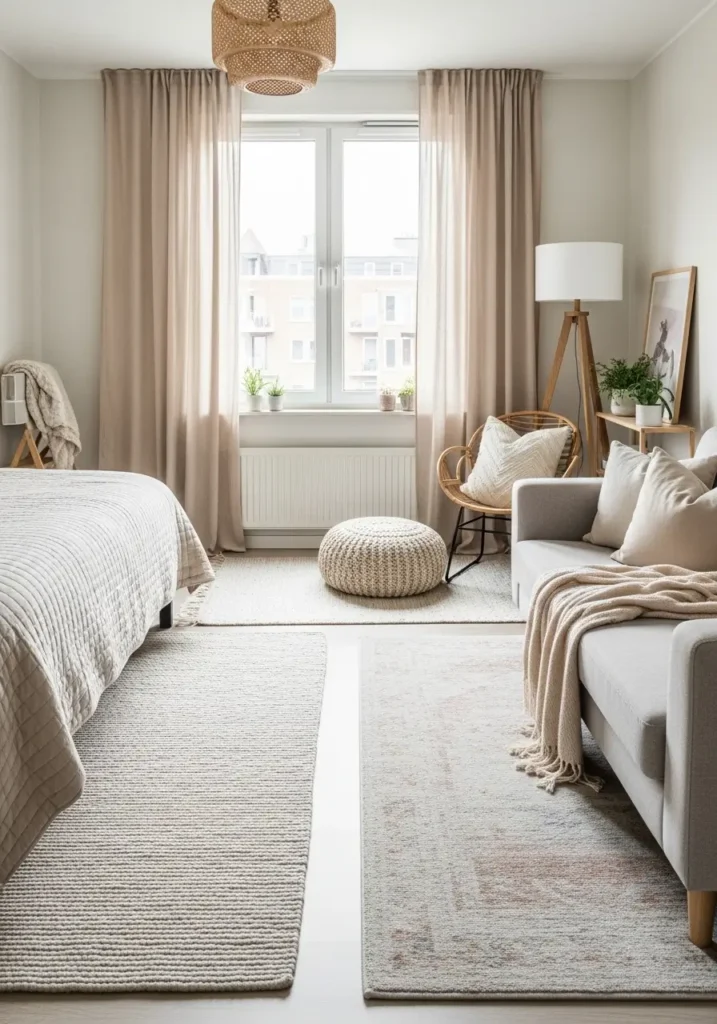 Clean minimal micro studio apartment with two soft neutral rugs creating separate zones for bed and living space, cream bedding, beige sofa, small coffee table, pale wood furniture, warm lamp light, linen curtains, feminine cozy styling, calm and tidy tiny home layout.