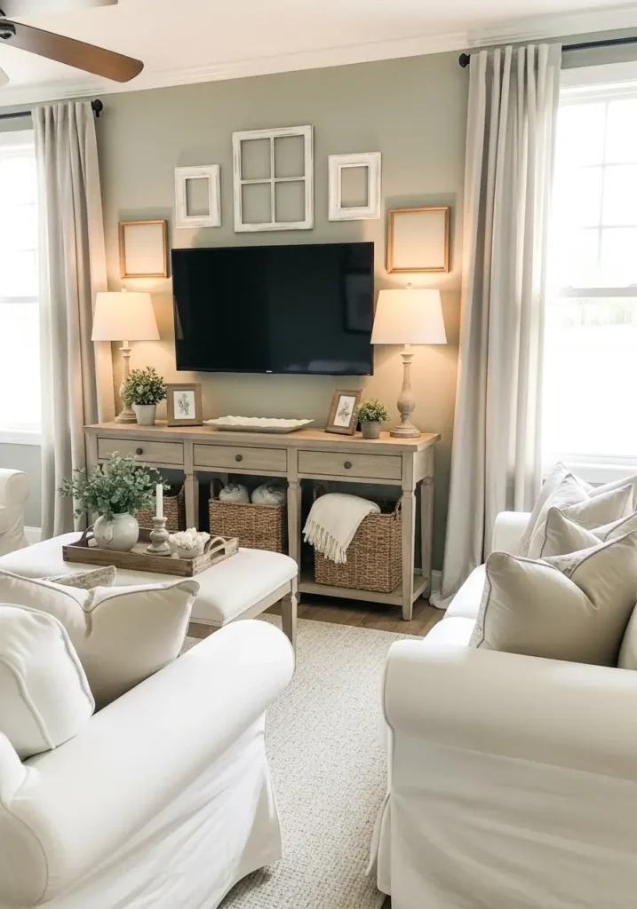 Farmhouse living room with soft sage green TV wall, cream sofa, rustic wood console, woven baskets, linen curtains, warm table lamps, neutral textured pillows, light oak flooring, realistic cozy interior photography, clean minimal styling, calm cottage farmhouse mood, subtle greenery, vintage frames, soft natural daylight, peaceful rustic charm, uncluttered family room design

