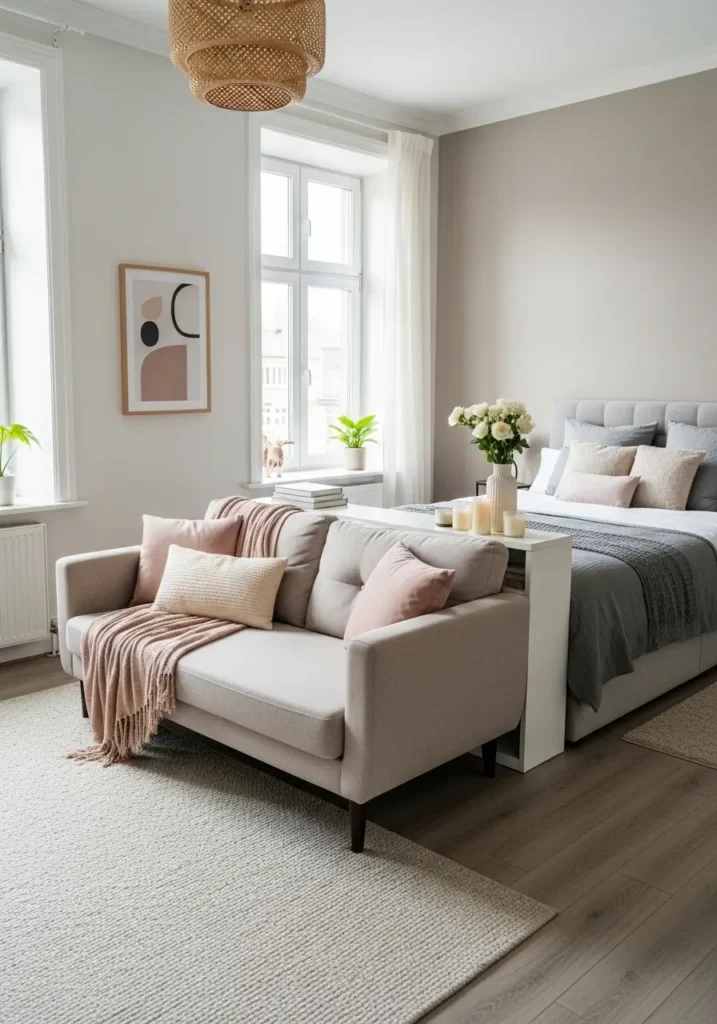 Clean minimal micro studio apartment with a small beige sofa used as a subtle room divider at the foot of the bed, cream bedding, tiny round coffee table, soft neutral rug, warm floor lamp, pale curtains, wood accents, feminine cozy mood, simple uncluttered layout, gentle apartment styling.
