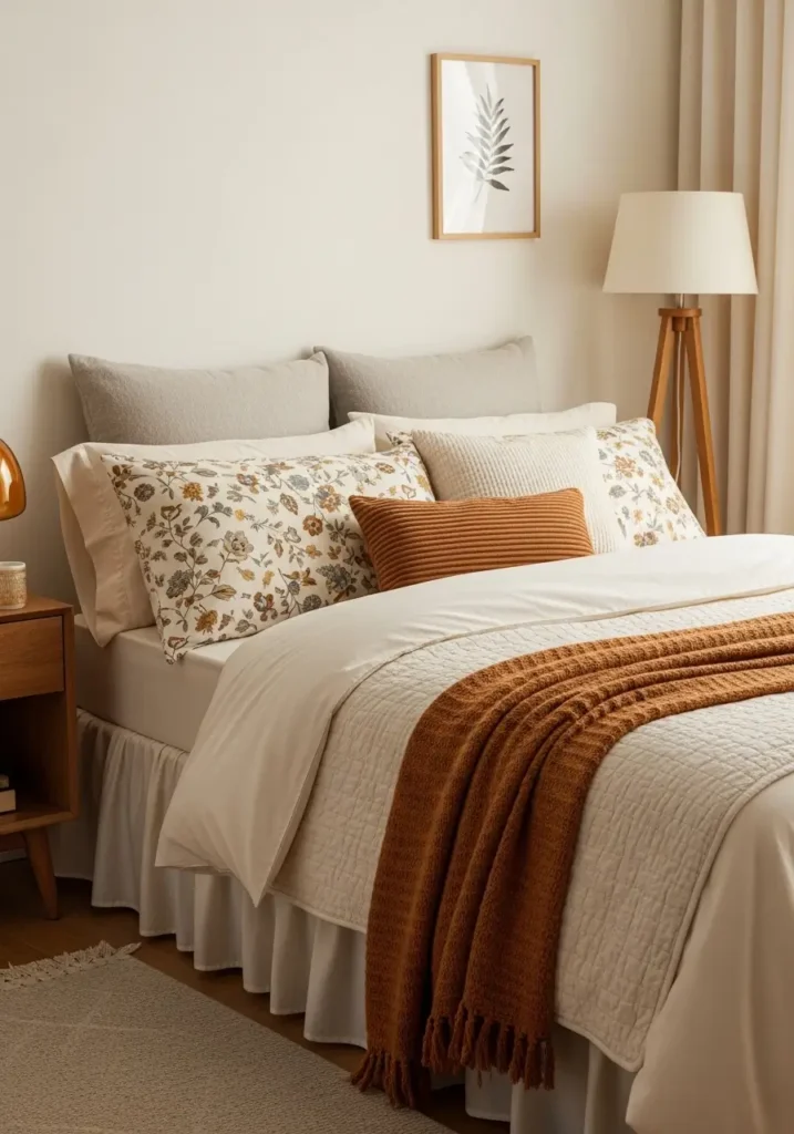 Cozy small retro apartment bedroom with cream bedding, muted floral pillowcases, warm wooden nightstand, amber lamp, soft beige rug, simple wall art, gentle morning light, clean minimal feminine styling, calm vintage home atmosphere.