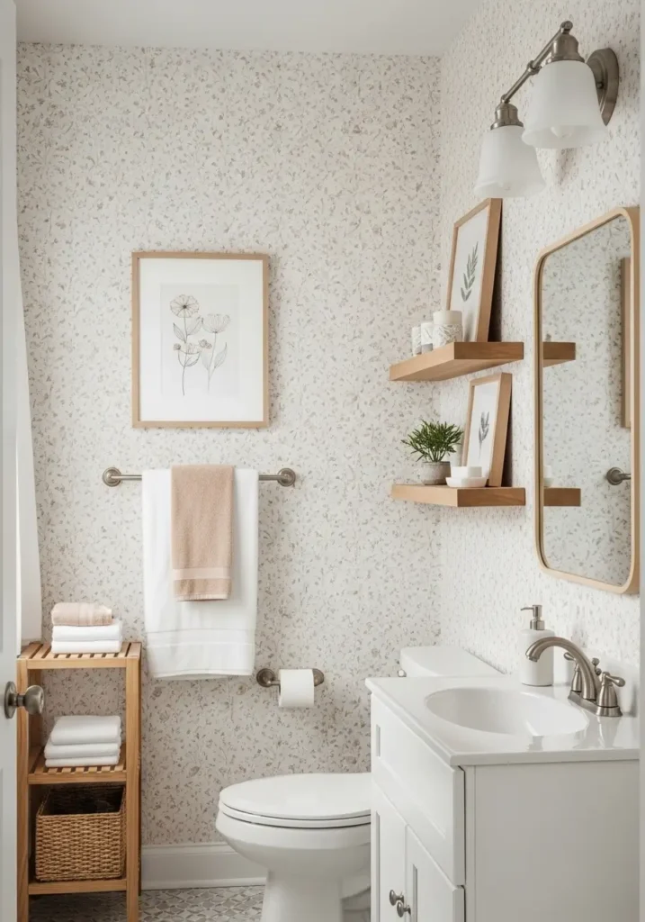 Apartment bathroom with soft neutral wallpaper accent wall, delicate beige floral pattern, minimal feminine styling, warm wood vanity, creamy white decor palette, cozy apartment bathroom atmosphere, natural daylight, Scandinavian inspired interior, realistic interior photography, subtle texture details, matte fixtures, clean uncluttered design, airy modern bathroom styling, soft shadows, elegant minimal wall decor with calming cozy mood

