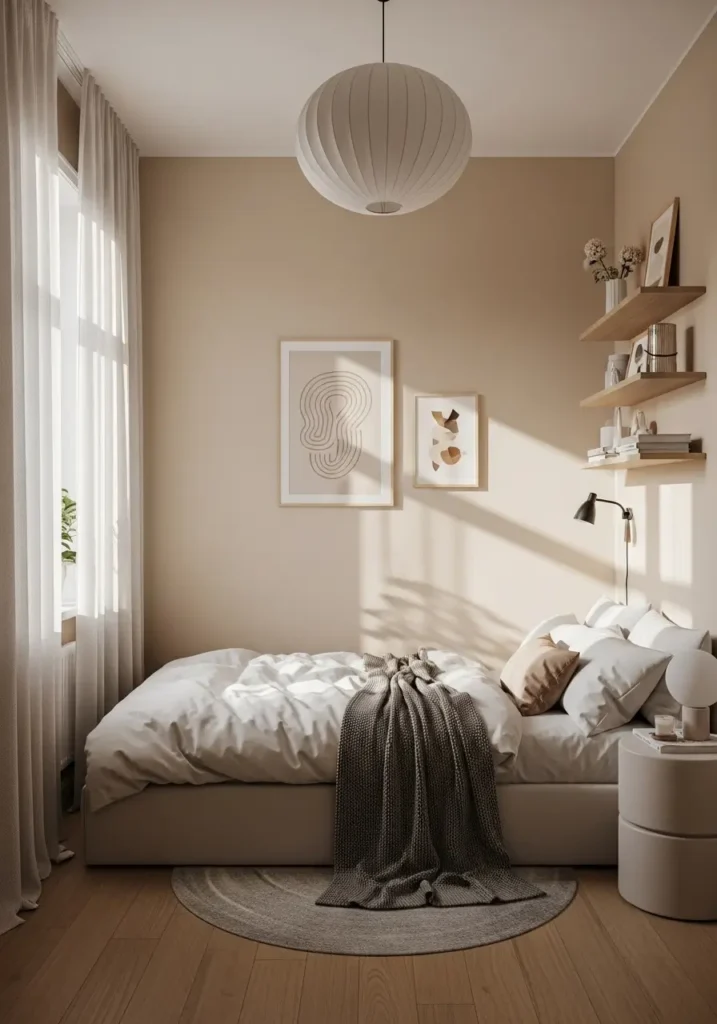 Minimalist studio apartment bedroom with soft white bedding, warm beige walls, light oak wood flooring, low platform bed, sheer curtains, cozy morning sunlight, small round bedside table, neutral knit blanket, clean styling, airy apartment layout, tiny studio apartment corner, soft natural shadows, modern feminine decor, calm Scandinavian inspired interior, minimal wall art, tidy shelves, peaceful and cozy atmosphere, realistic apartment photography, elegant but simple styling, warm cream tones, soft textures, uncluttered small space design.

