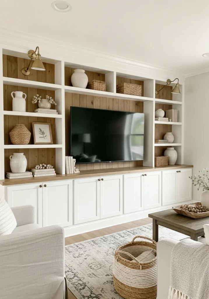Minimal farmhouse living room with soft white built in shelves surrounding TV, neutral linen sofa, rustic wood accents, woven baskets, warm beige rug, vintage books, ceramic vases, soft daylight, clean cozy styling, realistic farmhouse interior photography, warm layered textures, airy open room, light oak flooring, subtle greenery, elegant modern farmhouse aesthetic, calm family room atmosphere, uncluttered shelves, peaceful inviting decor

