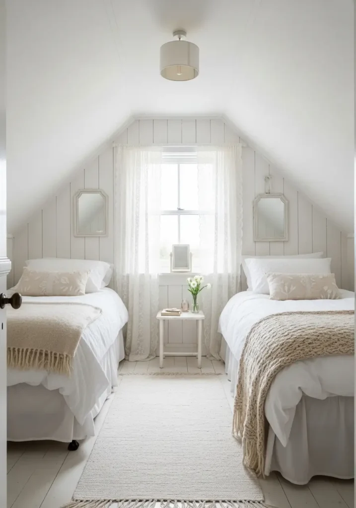 Minimal white cottage bedroom beneath slanted roof ceiling, soft ivory bedding with textured layers, white painted wooden walls, delicate lace curtains, small vintage mirror, warm natural sunlight, cozy feminine attic room, pale neutral decor, rustic wooden stool, clean airy styling, calming Scandinavian cottage aesthetic, subtle beige accents, warm soft shadows, peaceful uncluttered bedroom design, realistic interior photography, intimate cottage atmosphere, fresh yet cozy mood, soft natural textures throughout room


