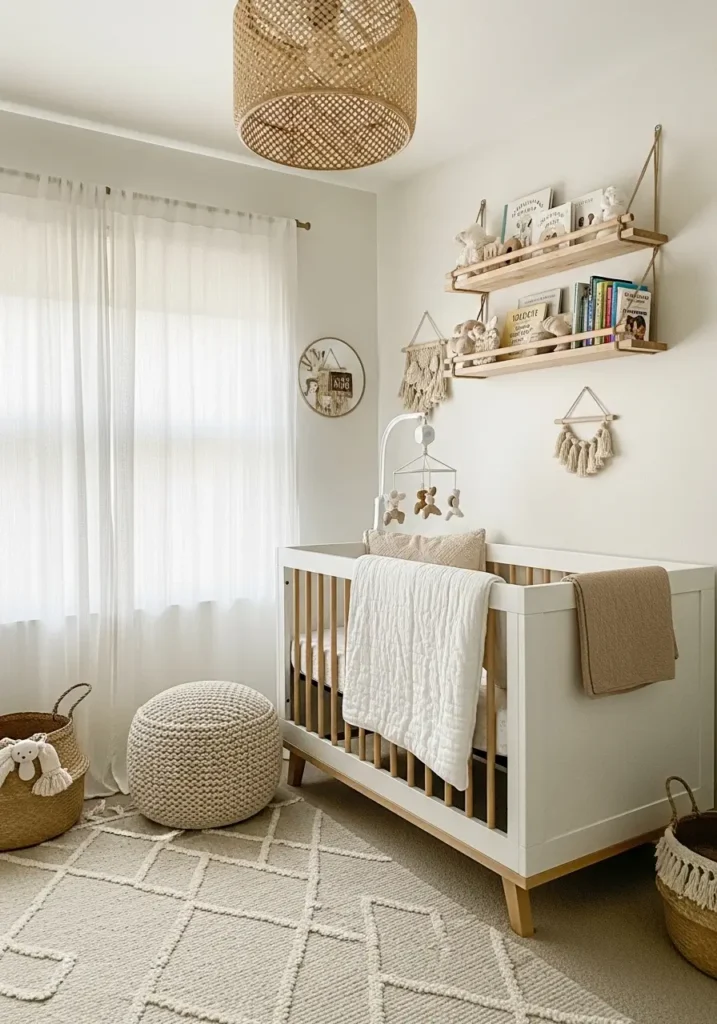 Tiny apartment nursery with layered white textures, compact crib, soft boucle ottoman, warm beige accents, floating wood shelves, airy cotton curtains, minimal Scandinavian decor, cozy feminine apartment nursery, realistic soft lighting, uncluttered baby room styling, woven textures, calm neutral palette, elegant small space design, peaceful atmosphere photography

