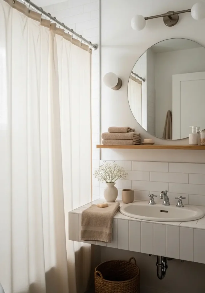 Minimal tiny apartment bathroom with soft white walls, creamy shower curtain, light oak floating shelf, rounded mirror, folded beige towels, warm lighting, tiny ceramic vase with baby flowers, glossy subway tiles, clean sink counter, cozy feminine apartment styling, calm morning mood, airy natural lighting, neutral textures, small woven basket under sink, modern apartment bathroom makeover aesthetic, realistic interior photography style, uncluttered tiny bath layout, soft shadows, elegant but simple decor styling