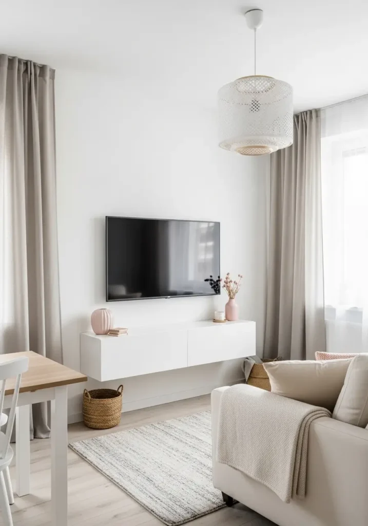 Bright apartment living room with soft white minimalist TV wall, mounted flat screen TV, slim white floating console, cream sofa, pale wood table, linen curtains, cozy neutral rug, simple feminine decor, natural daylight, clean modern apartment styling, airy peaceful living room mood, realistic interior photography

