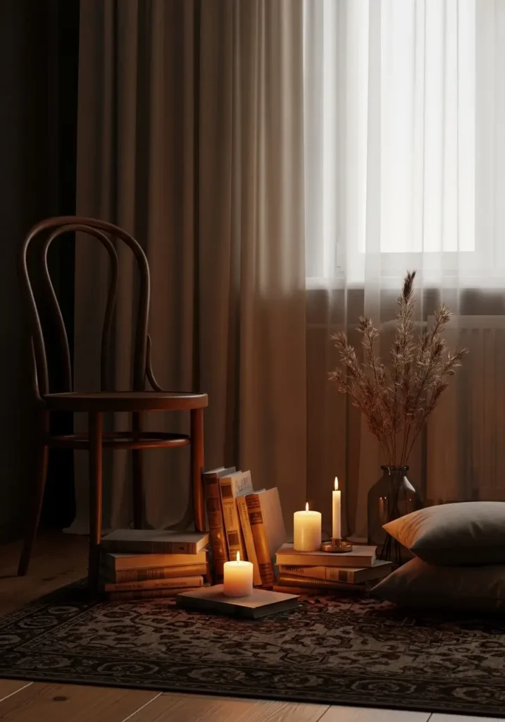 Dark academia apartment floor styling with stacked vintage books beside wooden chair, warm candlelight, dark brown rug, soft cream curtains, cozy apartment atmosphere, minimal feminine decor, old hardcover books, realistic warm textures, amber lighting, elegant moody styling, antique inspired apartment corner with peaceful soft shadows

