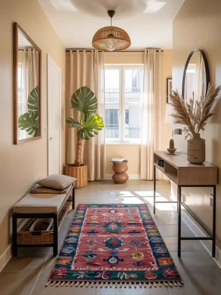 Cozy apartment entryway with colorful patterned rug defining space, narrow bench beside it, light wood console table with minimal decor, bright natural sunlight, modern small-space styling, inviting and functional feel.