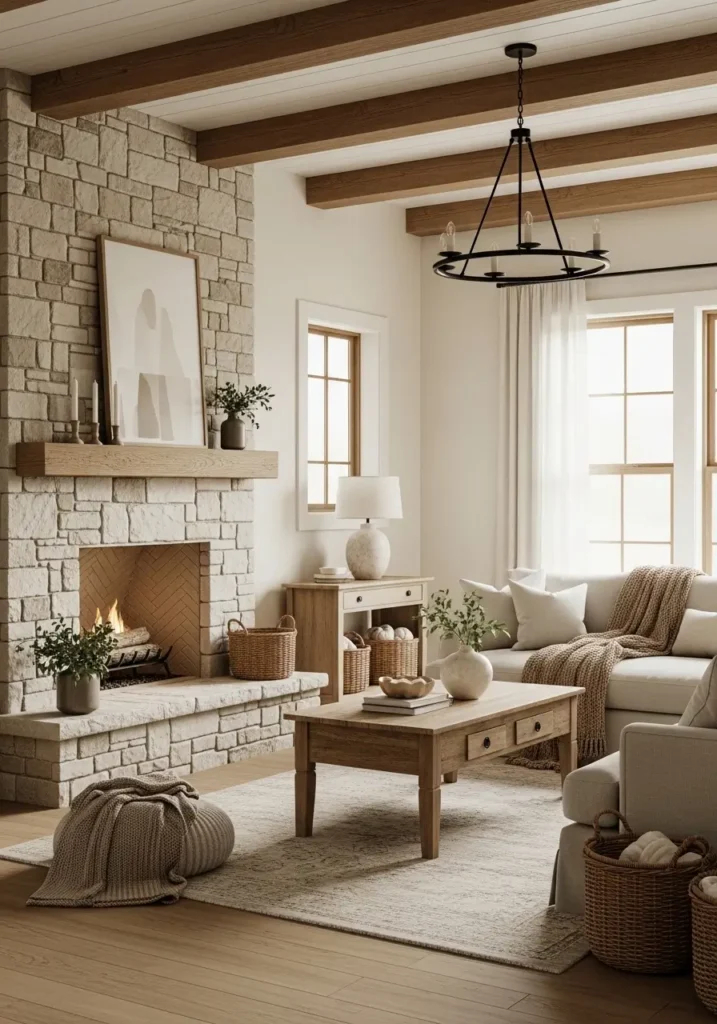 Cozy rustic farmhouse living room with soft cream walls, large stone fireplace, warm wooden ceiling beams, neutral linen sofa, light beige rug, vintage wooden coffee table, woven baskets, soft lamp lighting, small greenery touches, layered knit blankets, calm evening mood, minimal farmhouse decor, natural textures, oversized windows with sheer curtains, warm earthy tones, airy layout, peaceful and feminine styling, clean rustic aesthetic, realistic interior design photography, soft shadows, inviting home atmosphere