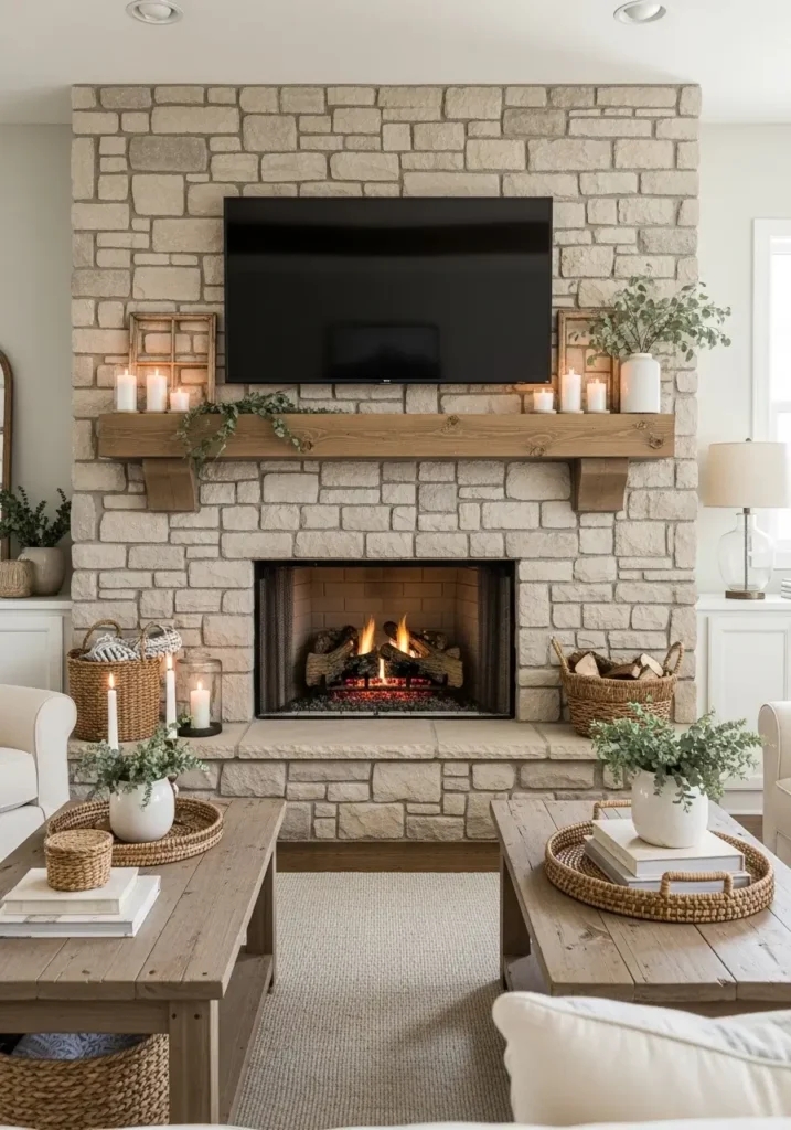 Clean farmhouse living room featuring stone fireplace with mounted TV, soft ivory sectional sofa, rustic wooden mantel, layered neutral pillows, vintage lantern decor, light oak coffee table, cozy candle styling, natural textures, warm ambient lighting, airy curtains, calm beige palette, subtle greenery, realistic rustic interior design photography, balanced modern farmhouse style, uncluttered cozy space, soft sunlight entering room, elegant country living room atmosphere, inviting family home aesthetic

