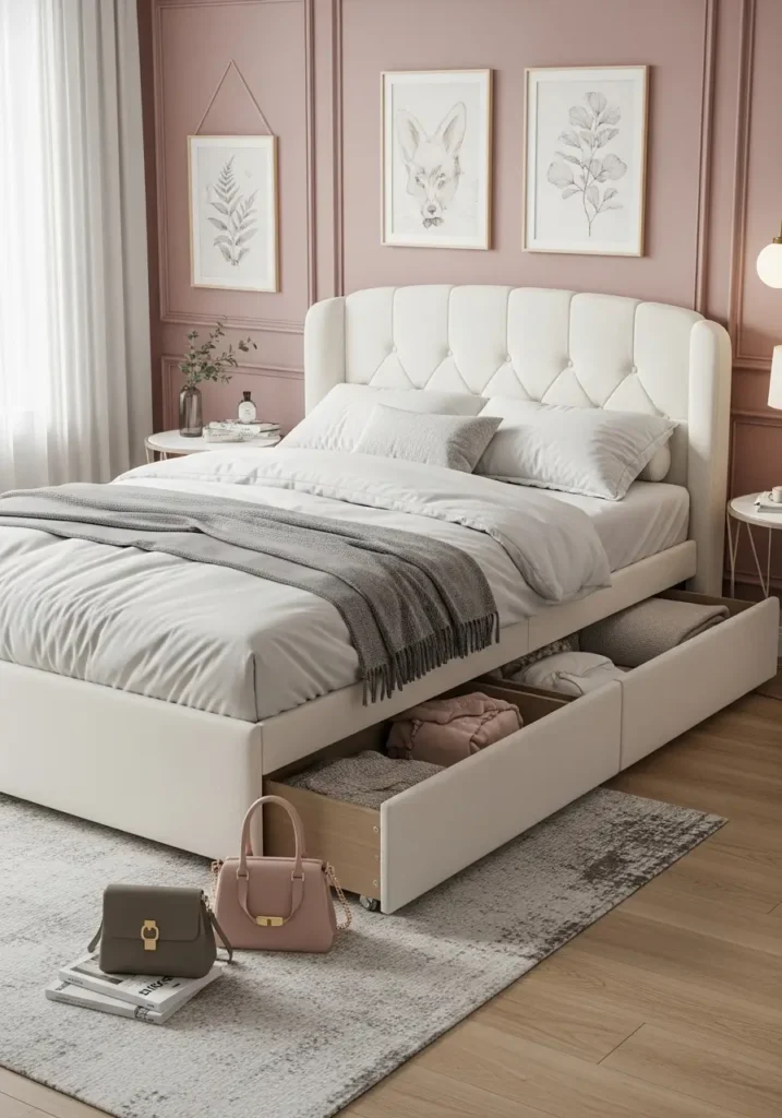 Cozy minimal studio apartment with a low ivory upholstered storage bed, hidden drawers under the frame, pale linen bedding, small wooden stool, soft cream rug, warm bedside lamp, simple wall art, clutter free feminine room feeling, peaceful morning light, realistic clean interior style.