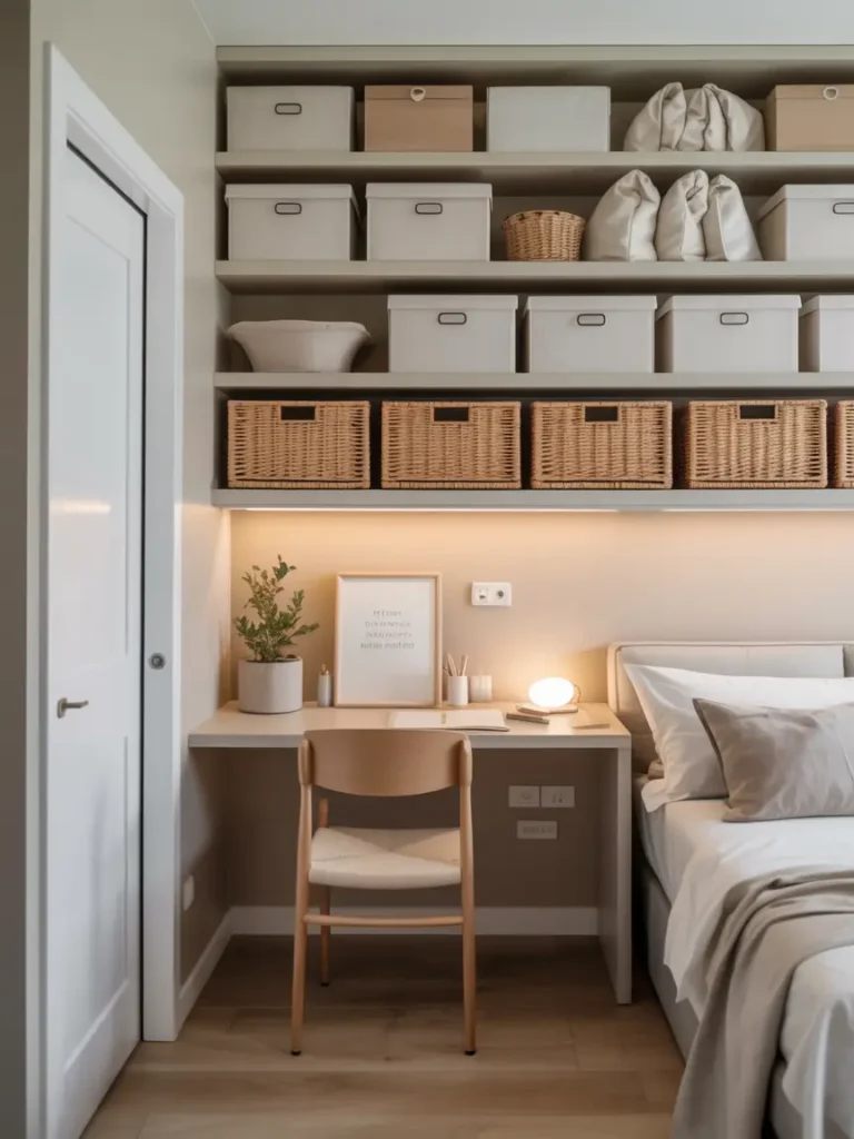 Calm studio apartment with high wall shelves above a doorway and bed area, soft beige storage boxes, neatly folded linens, small trailing plant, white walls, warm neutral bedding, light wood floor, minimal feminine styling, airy bright room with clean open surfaces.