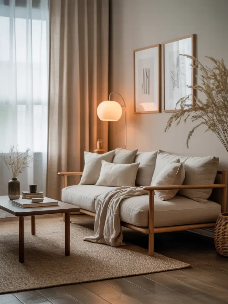 Serene Japandi interior with thoughtfully styled furniture arrangement, neutral palette, wooden textures, soft linen textiles, warm ambient lighting, gentle daylight through sheer curtains, minimal decor pieces, Pinterest-style interior photography capturing calm mindful living atmosphere.

