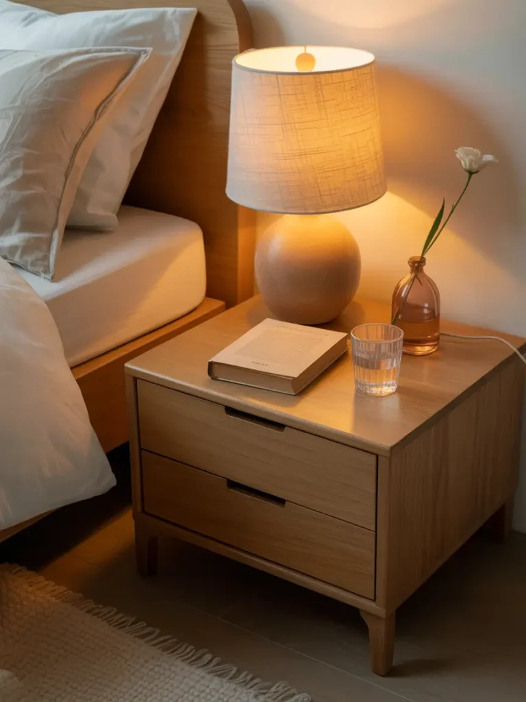 Cozy studio apartment bedside corner with a slim white nightstand, one drawer, small warm lamp, glass of water, neutral book stack, tiny vase with dried flowers, soft linen bedding, beige wall, minimal feminine styling, calm evening light, tidy peaceful sleeping area.