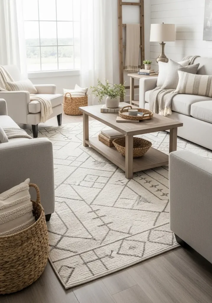 Clean modern farmhouse living room with subtle geometric rug in beige and ivory tones, cozy cream sofa, rustic wood side tables, soft layered pillows, neutral curtains, black window frames, warm sunlight, airy farmhouse styling, minimal decor pieces, woven textures, realistic interior photography, calm balanced atmosphere, elegant soft geometric pattern with uncluttered cozy living room design

