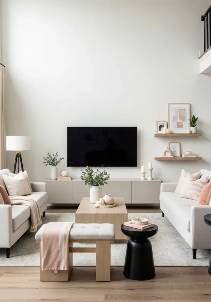 Stylish loft apartment TV wall layout with balanced seating, soft neutral sofa, sleek media console, floating shelves, hidden storage, cozy rug, pale wood and beige tones, warm lighting, feminine decor details, airy open loft interior, tall windows, realistic editorial home photography for a polished new home setup