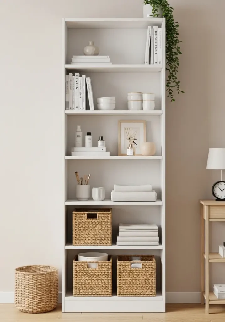 Clean minimal studio apartment with a tall slim white bookshelf beside a soft beige bed, styled with woven baskets, neutral books, small plants, ceramic decor, warm lamp glow, pale wood flooring, soft cream walls, calm feminine small space feeling, realistic cozy interior photography.