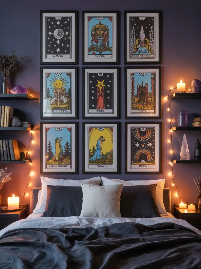 A minimalist tarot card display on the wall, with framed cards in simple black frames, arranged symmetrically on a plain white wall to create a balanced look.