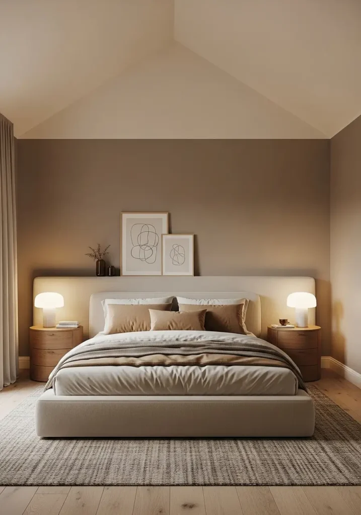 Small modern vaulted ceiling bedroom with soft taupe walls, cream ceiling, low upholstered bed, ivory duvet, tan pillows, round wood nightstands, warm table lamps, textured rug, simple framed art, clean minimal feminine styling, cozy evening mood, realistic interior design photo.