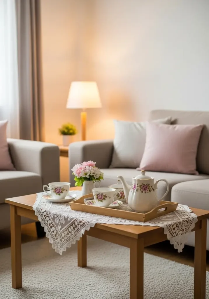Clean minimal grandma core living room with a small wooden coffee table styled with a vintage tea tray, floral teacups, cream ceramic teapot, lace doily, soft beige sofa, pale pink cushions, warm lamp glow, simple curtains, cozy feminine vintage comfort, neat and peaceful room styling.