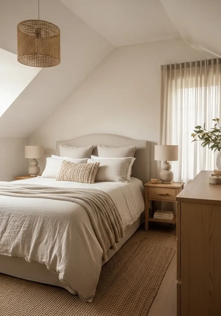 Small modern vaulted ceiling bedroom with layered linen bedding, soft cream angled ceiling, beige walls, low wood bed, woven rug, boucle pillow, simple ceramic lamp, light oak furniture, sheer curtains, clean minimal feminine decor, cozy neutral interior photography.