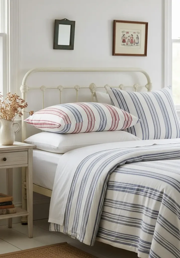 Clean minimal vintage Americana bedroom with ticking stripe pillows and duvet, cream walls, antique white metal bed, pale wood nightstand, small ceramic vase, soft red throw, woven rug, airy window light, cozy, simple country style, gentle, feminine decor mood.