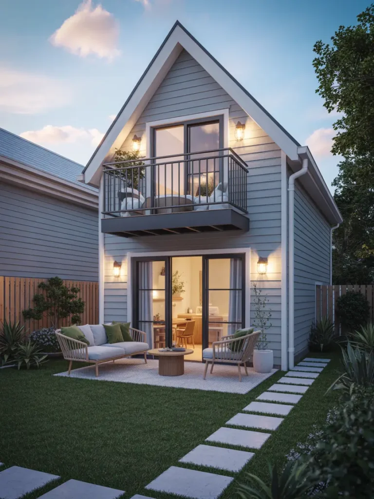 Detached garage apartment with a tiny upper balcony overlooking a small backyard, modern exterior, warm lighting, stylish railings, cozy outdoor seating, elegant compact architecture, realistic suburban photography