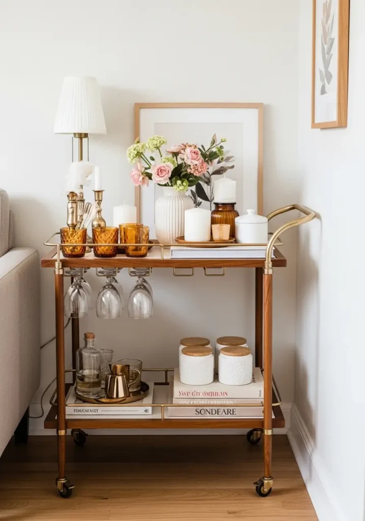 Small retro apartment corner with slim gold and wood bar cart, glassware, ceramic vase, vintage print, warm lamp, cream wall, simple styling, soft feminine cozy mood, clean minimal vintage home decor, uncluttered floor space.