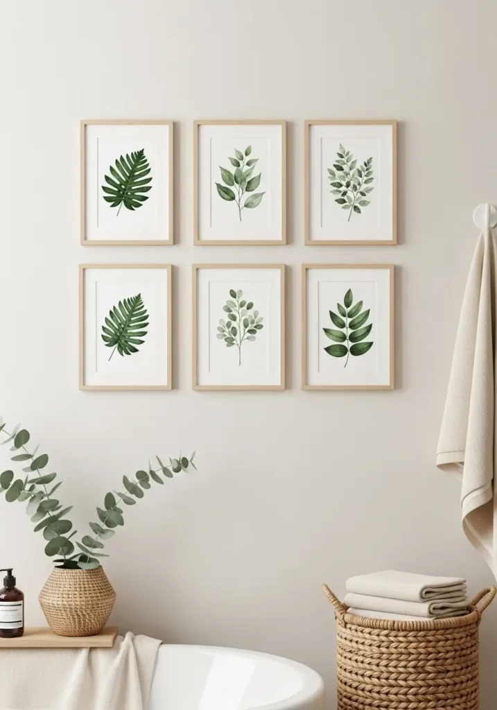 Cozy apartment bathroom with tiny botanical wall frames arranged neatly on soft white walls, delicate green leaf illustrations, thin light wood frames, minimal feminine decor, natural textures, folded cream towels, soft daylight, Scandinavian inspired apartment styling, clean uncluttered bathroom interior, calming spa mood, realistic interior photography, matte ceramic accessories, subtle greenery accents, warm cozy atmosphere, elegant minimal bathroom wall decor with airy balanced styling

