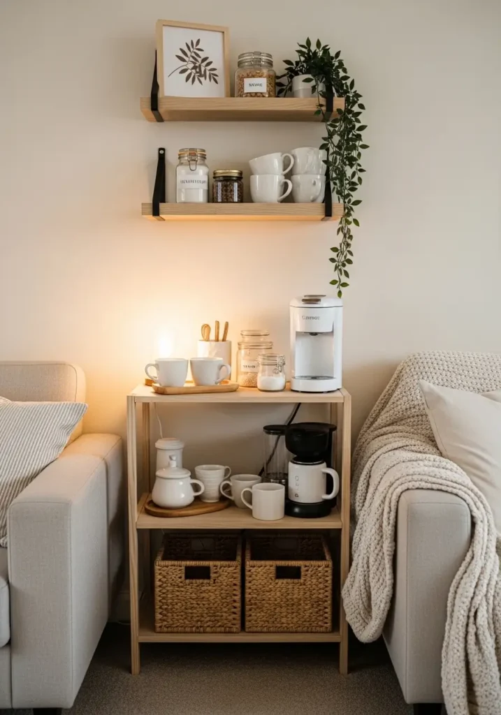 Minimal college apartment coffee station inside cozy living room, neutral shelves with mugs and glass jars, small espresso machine, warm beige decor, soft lighting, feminine student apartment style, textured rug, cozy cream couch nearby, modern clean setup, candles and books on shelves, natural sunlight through curtains, calm inviting atmosphere, realistic interior photography, cozy minimal styling


