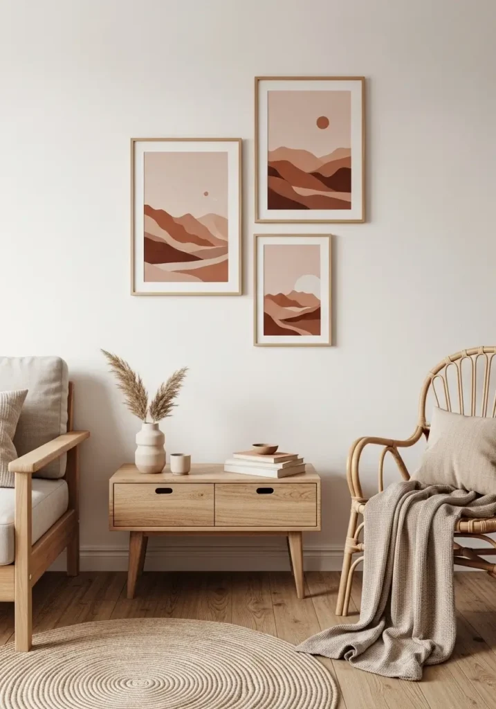 Minimal retro apartment corner with tiny desert landscape paintings, warm sand and terracotta tones, cream walls, soft beige armchair, natural wood furniture, cozy feminine styling, clean uncluttered apartment decor, warm afternoon sunlight, realistic editorial photography, nostalgic retro atmosphere, calming earthy color palette, small apartment aesthetic