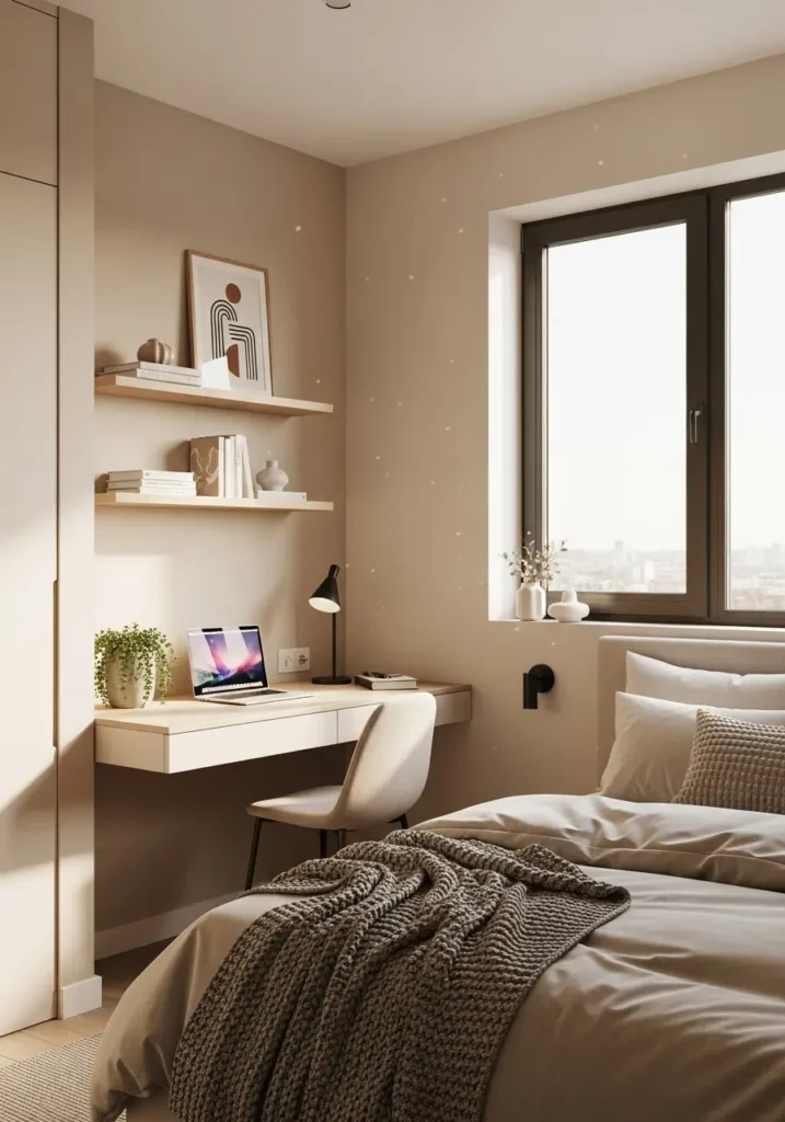 Minimalist studio apartment bedroom with tiny floating desk, warm cream decor, compact workspace beside bed, soft neutral bedding, Scandinavian feminine styling, cozy apartment setup, realistic interior photography, natural oak finishes, floating shelves, clean uncluttered bedroom, warm sunlight, elegant modern tiny apartment, peaceful minimal workspace, soft beige walls, calming atmosphere, airy small bedroom design with practical minimalist styling.

