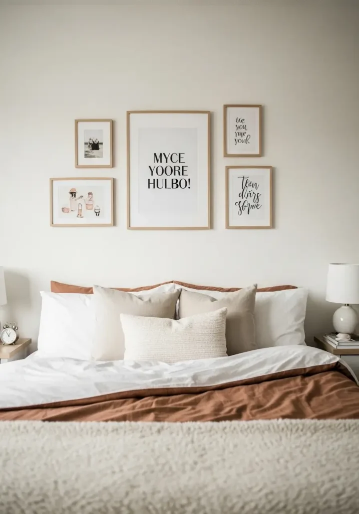 Cozy post grad apartment bedroom with small gallery wall above bed, neutral framed prints, soft beige bedding, warm sunlight, minimal feminine decor, compact apartment styling, clean white walls, tiny wooden nightstand, layered blankets, airy modern aesthetic, cozy apartment mood, delicate artwork arrangement with soft textures and calm balanced composition

