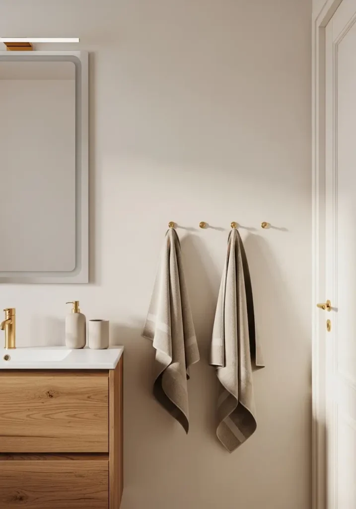 Minimal apartment bathroom with elegant tiny gold wall hooks, soft cream walls, hanging beige linen towels, warm wooden vanity, feminine cozy styling, Scandinavian inspired apartment decor, clean uncluttered bathroom interior, natural daylight, matte ceramic accessories, calm spa atmosphere, realistic interior photography, subtle warm shadows, airy modern wall styling with delicate gold details

