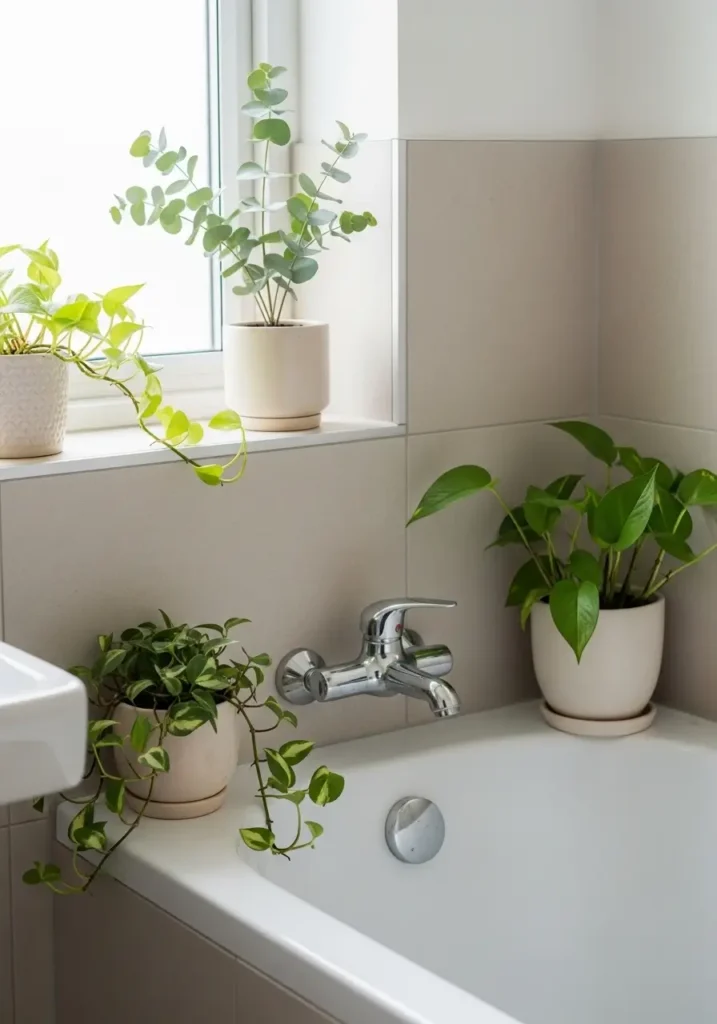 Minimal bathroom with small green plants on floating shelves and vanity corner, soft beige walls, warm sunlight, clean white sink, cozy feminine decor, natural textures, airy apartment bathroom aesthetic, realistic interior photography, calm and peaceful mood, subtle gold details, uncluttered styling, fresh spa inspired atmosphere with soft shadows and minimal greenery

