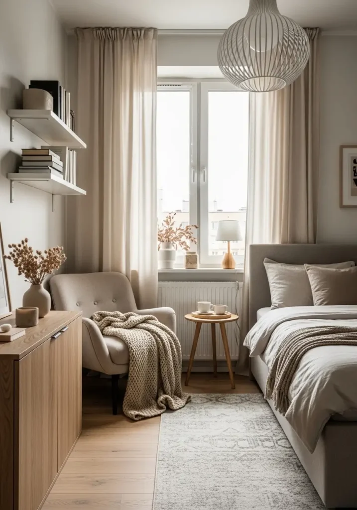 Cozy minimalist studio apartment bedroom with tiny reading corner, soft beige armchair near window, warm knit blanket, small wooden side table, neutral bedding, natural sunlight, clean apartment styling, Scandinavian feminine decor, tiny apartment layout, calming atmosphere, floating shelves with books, soft cream curtains, realistic interior photography, uncluttered modern bedroom, warm wood textures, elegant minimalist design, peaceful small space living, cozy soft apartment mood with airy natural lighting.

