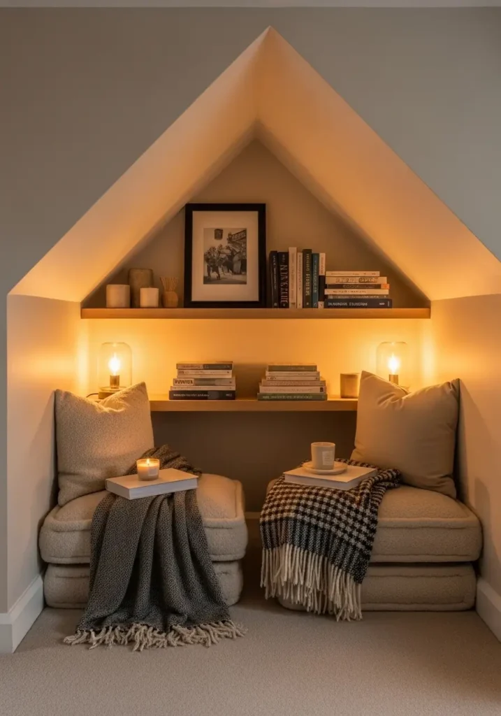 Warm attic bedroom with slanted roof and cozy reading nook beneath angled ceiling, soft boucle chair, knitted blanket, stacked books, warm beige tones, cottage bedroom styling, low wooden shelves, soft lighting from table lamp, neutral bedding, minimal feminine decor, rustic textures, peaceful rainy day atmosphere, clean uncluttered design, realistic cozy interior photography, calming attic retreat, natural wood accents, soft shadows, intimate relaxing cottage bedroom mood

