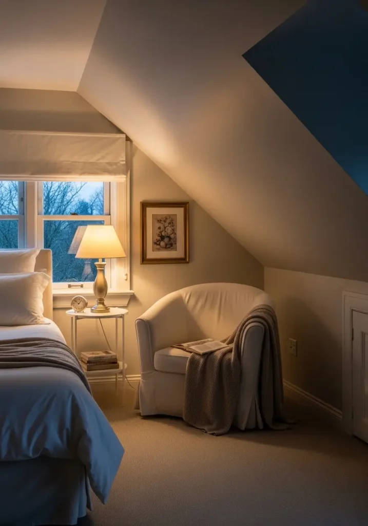 Minimal attic bedroom with a small reading corner beside a low bed, soft cream armchair, narrow wooden side table, warm floor lamp, beige throw blanket, sloped ceiling, white walls, pale rug, few stacked books, clean feminine decor, cozy calm small apartment mood.