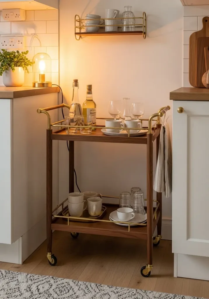 Retro mid century modern apartment kitchen with small vintage bar cart, walnut wood textures, brass details, cream walls, soft pendant lighting, compact apartment layout, ceramic decor, muted earthy tones, cozy feminine styling, realistic interior photography, uncluttered kitchen atmosphere, vintage glassware, warm retro apartment aesthetic with soft natural light