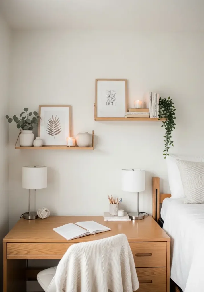 Minimal dorm apartment wall shelves with framed art prints, small plants, stacked books, soft neutral decor, cozy warm lighting, aesthetic feminine bedroom styling, realistic interior photography, clean organized dorm room, cream and beige palette, wooden floating shelves, uncluttered small bedroom setup, calm apartment atmosphere, modern cozy styling, budget-friendly dorm decor with soft textures and peaceful visual balance


